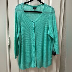 Talbots Woman 1X 3/4 Sleeve Mesh Cardigan, Turquoise